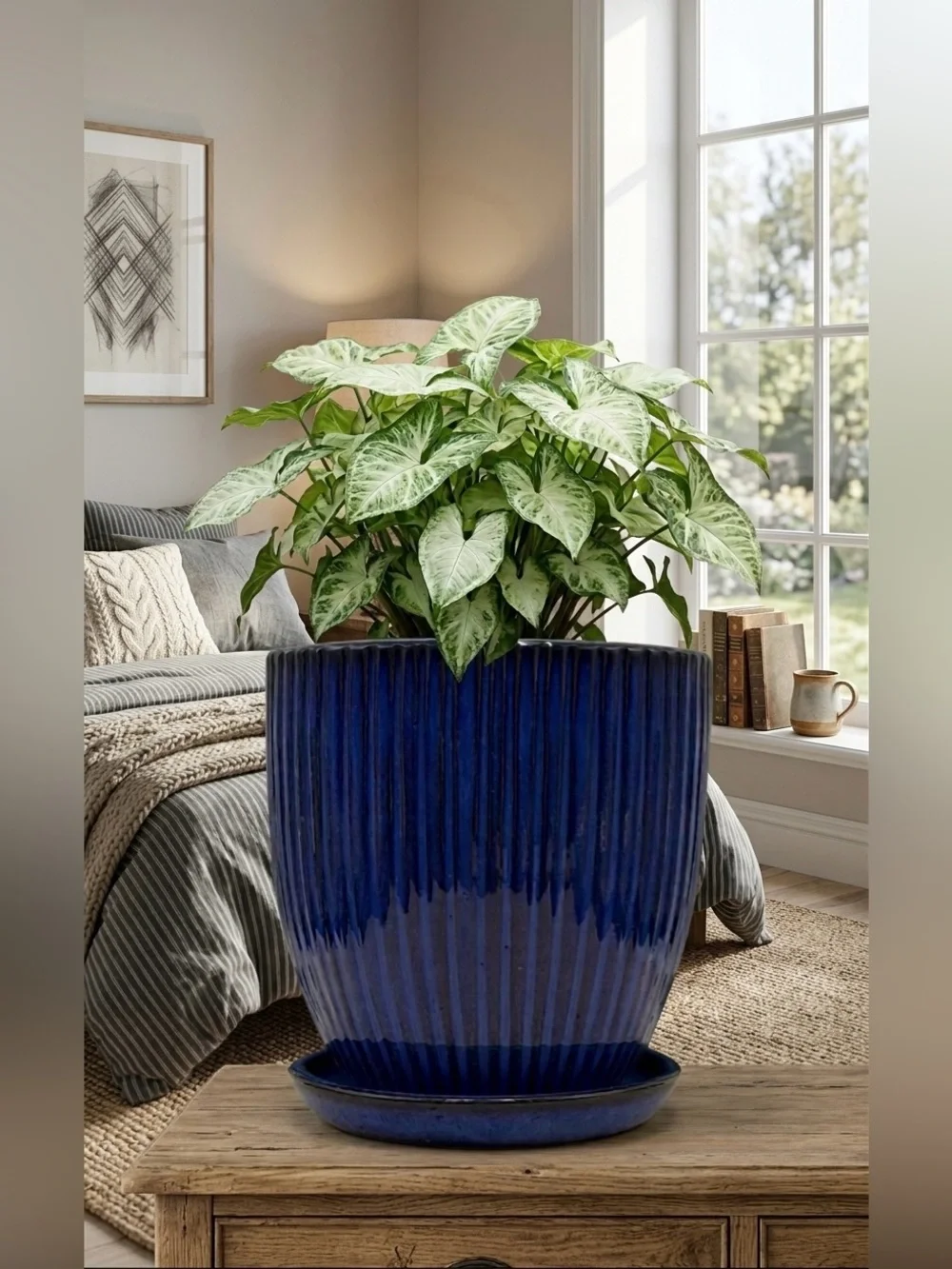 Cobalt Blue Ceramic Planter with Saucer, 7 Inch Rippled Pot with Drainage